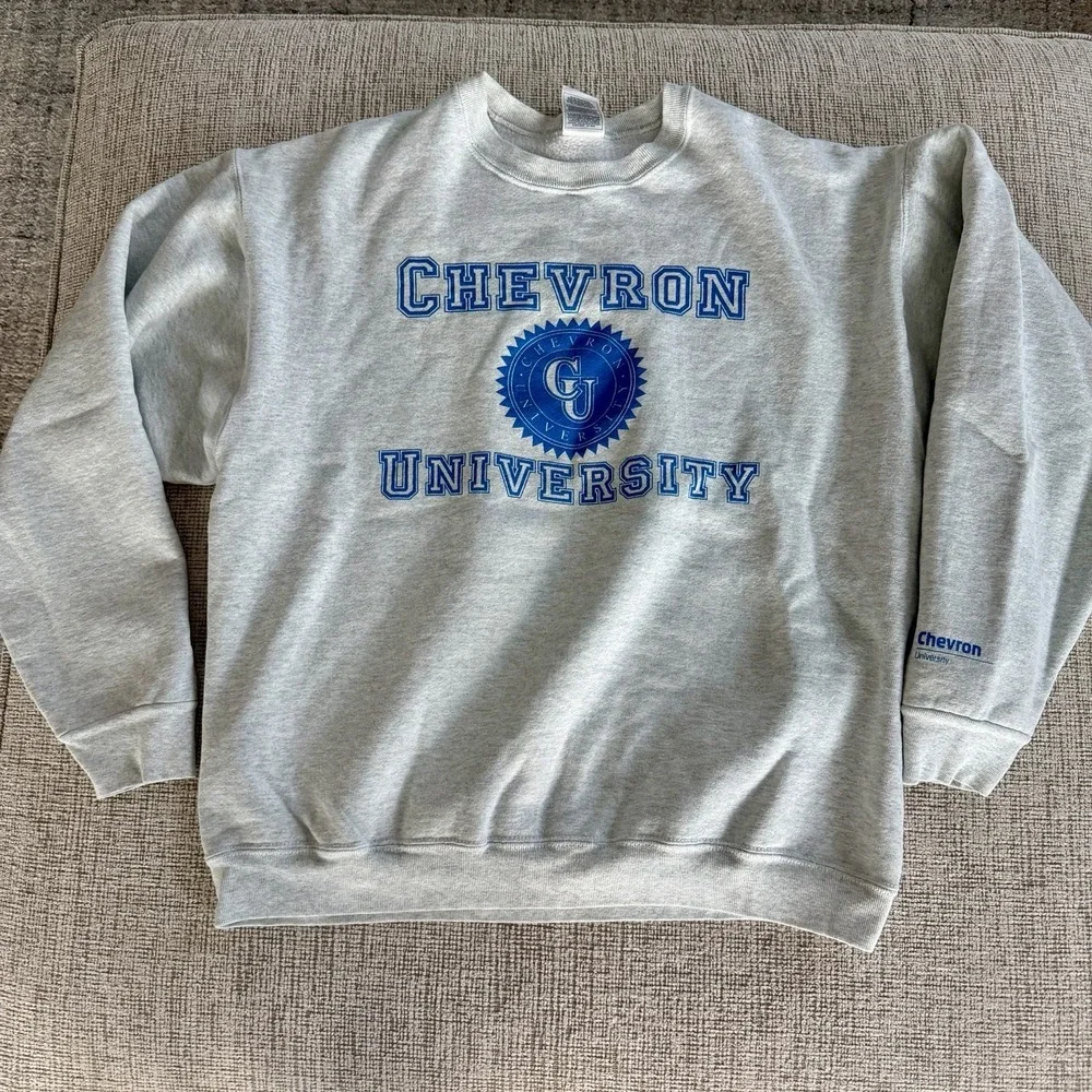 Vintage 90's Chevron University Sweatshirt Sz Large Grey Distressed Oil‎